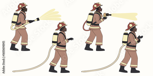 Diverse firefighters in action with water hoses and gear