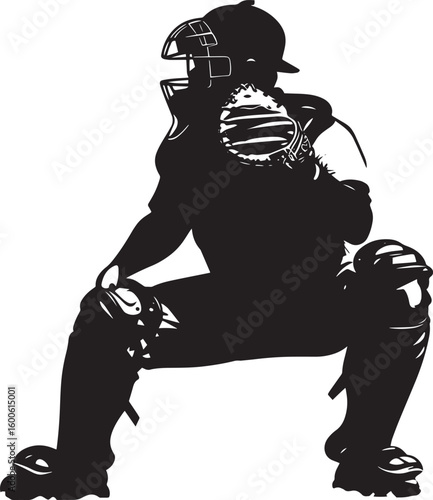 Catcher Receiving the Pitch Silhouette A catcher in the squat position, catching the ball as it crosses the plate, with the glove extended in front. full length silhouette black vector illustration