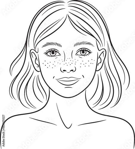 Charming Woman with Freckles and Shoulder-Length Hair in Black and White Vector Art