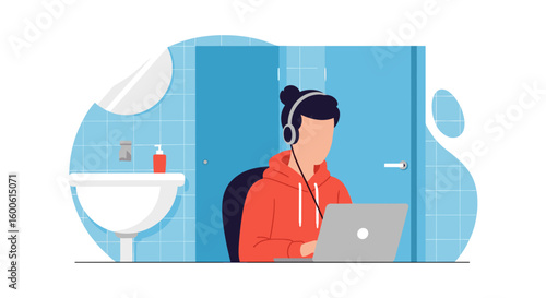 Person working on laptop in a bathroom - remote work, modern lifestyle illustration.