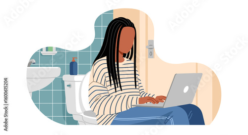 Woman working on laptop in bathroom, illustration for blog post or article about remote work.