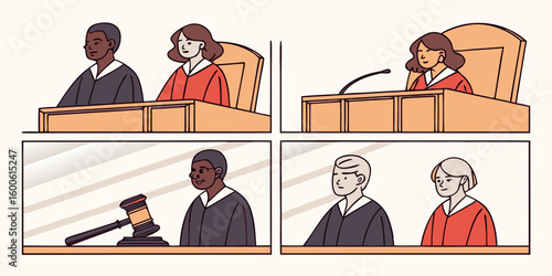 Diverse judges preside over courtroom scenes