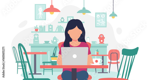 Woman working on laptop in a cafe, perfect for blog posts about remote work or freelance lifestyle.