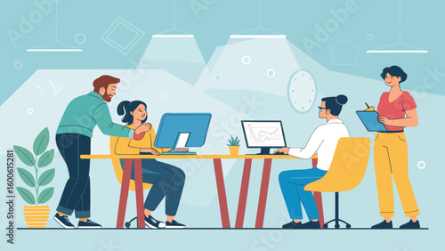 Collaborative Teamwork in a Modern Office: Illustration for Websites and Brochures
