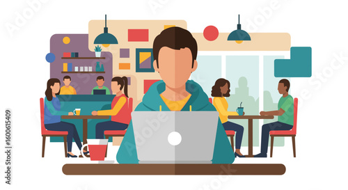 Person working on laptop in a busy cafe, ideal for blog posts about remote work or co-working spaces.