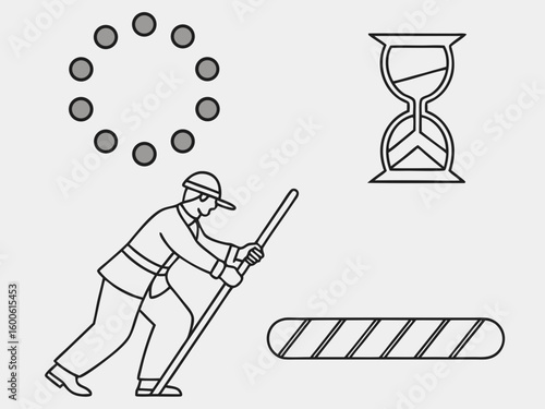 Man pushing a wheel with hourglass and loading bar