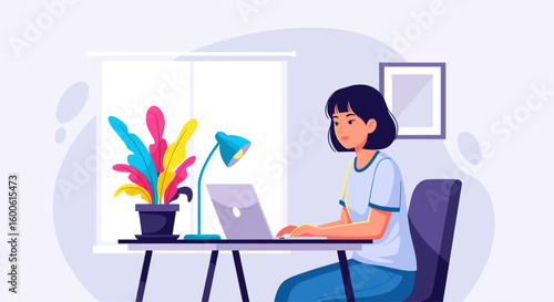 Young woman working from home on laptop, perfect for remote work, freelance, or work-life balance blog posts.