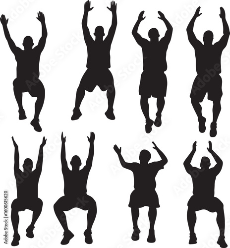 Teammates on the bench clapping and cheering, supporting players on the court, full-body silhouette vector