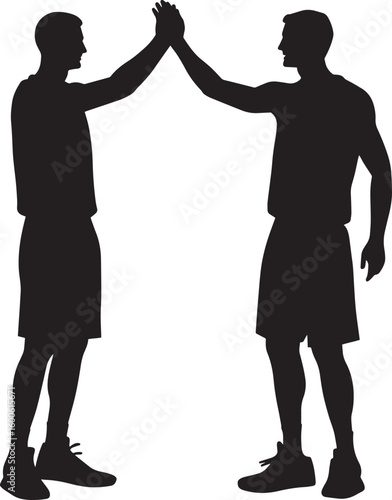 High-Five Silhouette Two players exchanging high-fives after a successful play or basket. full length silhouette black vector illustration