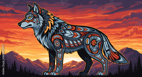 Tribal Wolf Illustration with Sunset Background