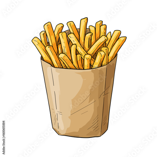 French fries in paper container on white background  