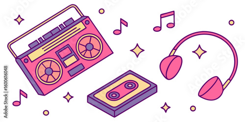 Retro boombox cassette tape and headphones with music notes