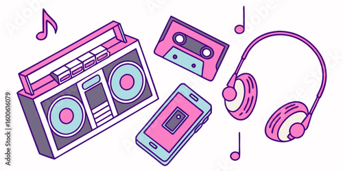 Retro music collection with boombox cassette tape headphones and smartphone