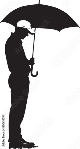 A golfer stands patiently under an umbrella, holding their clubs, as rain delays the game, full-length black vector illustration.
