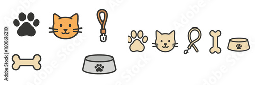 Collection of cute cat and dog icons with paw prints, leashes, and bowls showcasing pet essentials for animal lovers