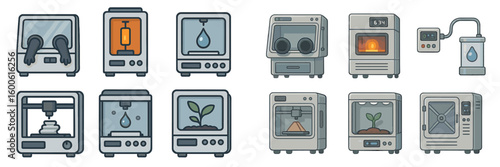 Various machines for science and technology applications in a laboratory setting or workshop environment