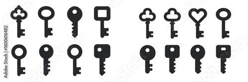 Various black key silhouettes arranged in two rows showcasing different designs and shapes for creative use