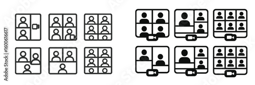 Design variations for virtual meeting layouts showcasing multiple participants in grid format