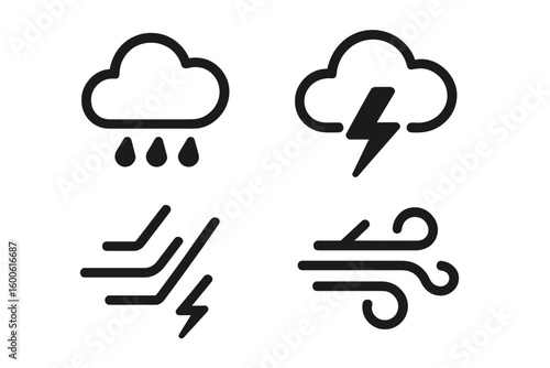 Weather symbols representing rain, lightning, and wind in a minimalist design