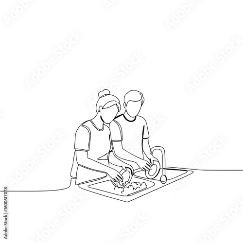 Couple washing dishes together at sink in minimalist line art  