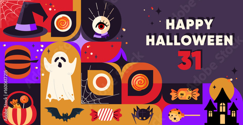 Happy Halloween 31 banner illustration in modern geometric style with spooky icons perfect for banners posters invitations party flyers greeting cards social media posts and holiday decorations.Vector