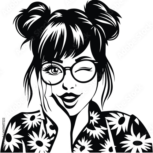 Winking girl wearing daisy shirt and round glasses expresses a joyful expression