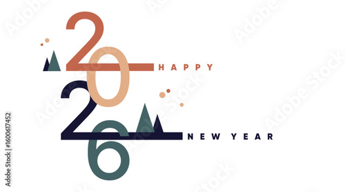 2026 New Year Modern Typography Illustration. Minimalist happy new year 2026 greeting with modern typography abstract mountains geometric shapes and clean white background. Vector illustration
