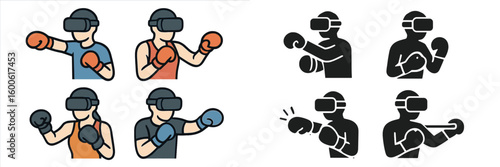 Virtual reality boxing training session takes place indoors with participants engaged in active sparring at various skill levels