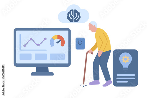 Elderly person using assistive technology to interact with a data dashboard in a modern digital environment