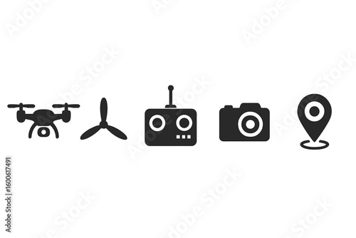 Drone equipment showing a quadcopter, propeller, remote control, camera, and location pin in a clear layout