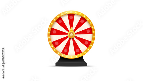 Colorful spinning prize wheel with red and white segments and golden lights on white background for game, raffle or fortune event