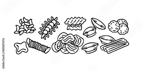 Collection of hand drawn pasta shapes isolated on white background