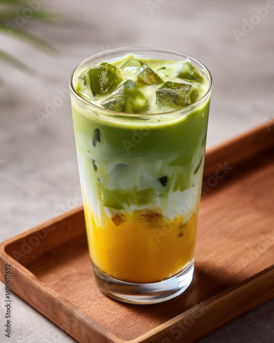 Iced Matcha Mango Latte in Clear Glass