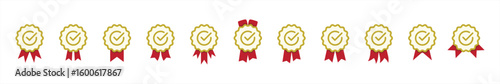 Verified badge icon. Approved or certified badge medal symbol. Approval check sign. Containing quality, brand, stamp, inspector checking, award, reward, winner, prize. Vector illustration