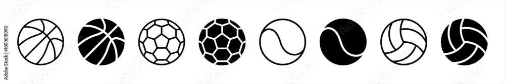 Fototapeta premium Sport ball icon collections in line style. Football, soccer ball, basketball, volleyball, tennis ball symbol. sport, competition, champion, championship, tournament, recreation, exercise signs vector