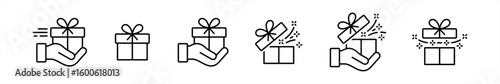 Gift box icons set. Surprising gift box symbol. Present gift box tied signs. Hand hold gift box, Christmas, birthday, valentine, open, sparkle, celebration, achievement success vector illustration