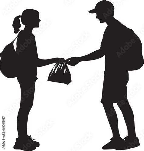 Volunteering Silhouette A student helping in a community or school service activity, like handing out supplies or assisting peers. full length silhouette black vector illustration