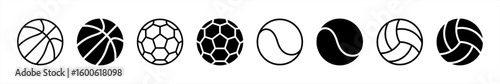 Sport ball icon collections in line style. Football, soccer ball, basketball, volleyball, tennis ball symbol. sport, competition, champion, championship, tournament, recreation, exercise signs vector