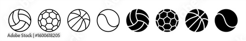 Sport ball icon collections in line style. Football, soccer ball, basketball, volleyball, tennis ball symbol. sport, competition, champion, championship, tournament, recreation, exercise signs vector