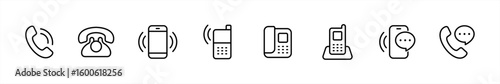 Phone icon collection in line style. Contact us symbol. Call, talk, phone, chat bubble, communication, mobile phone, telephone, ringing sign vector illustration 