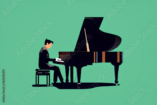 Man playing grand piano in concert hall

