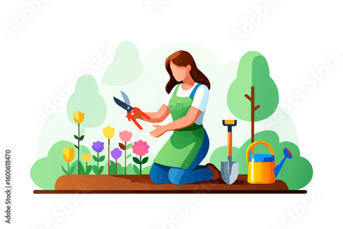 Woman pruning tulips in her garden


