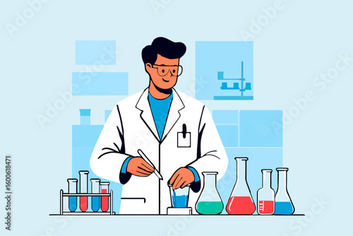 Scientist conducting research with lab equipment and solutions

