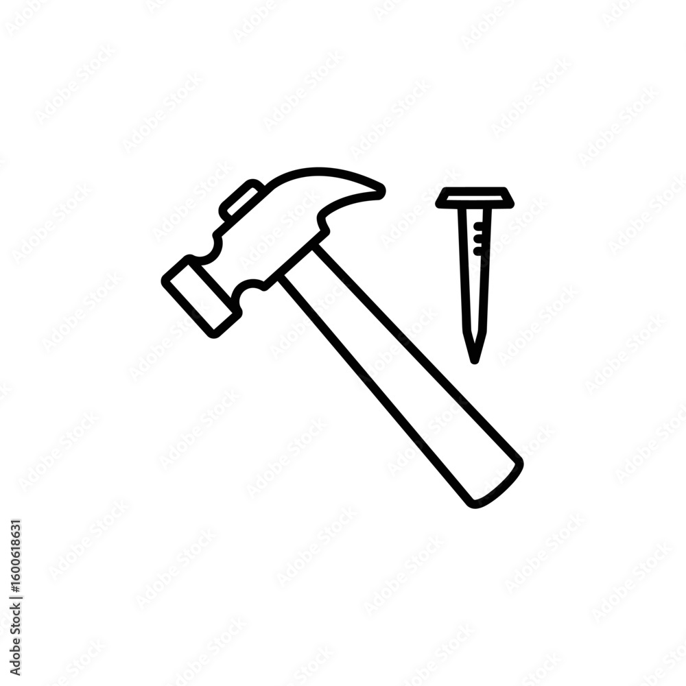 Hammer and Nail Outline: Carpentry Tools Icon, Black and White Minimalist Design Hammer and Nail Outline: Carpentry Tools Icon, Black and White Minimalist Design