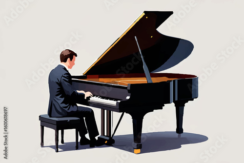 Man playing grand piano in concert hall

