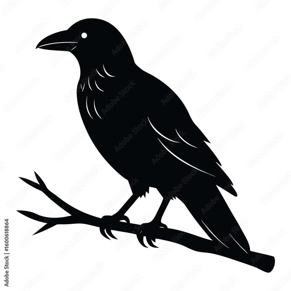 Fototapeta premium Black silhouette of a raven perched on a branch