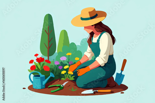 Woman pruning tulips in her garden

