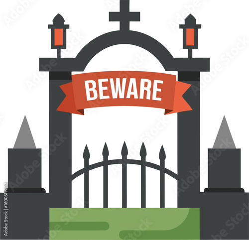 Halloween cemetery gate with beware banner isolated on transparent background