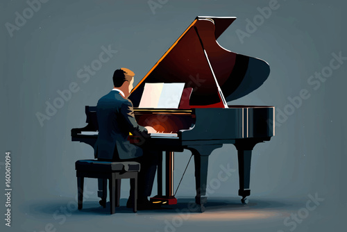 Man playing grand piano in concert hall

