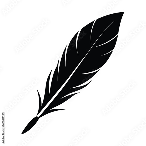 Simple black silhouette of a quill pen on a white background